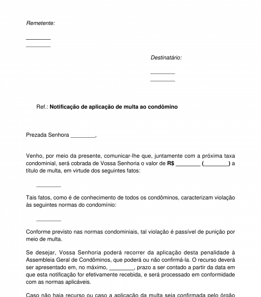 Notificação de aplicação de multa ao condômino