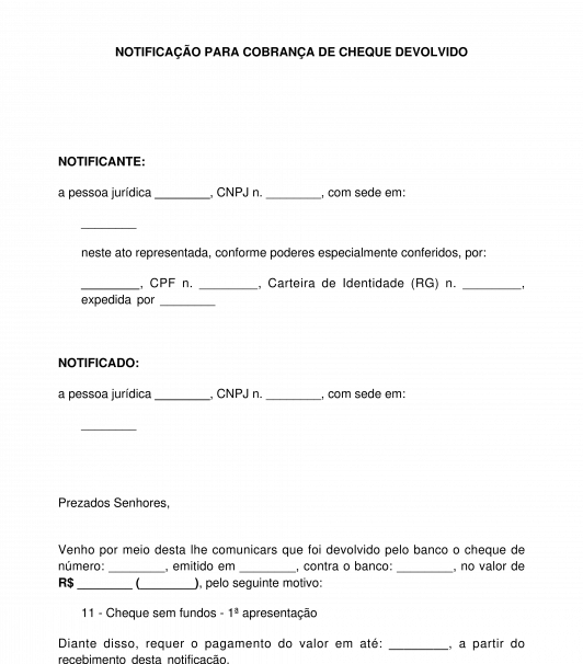 Notificação para cobrança de cheque devolvido