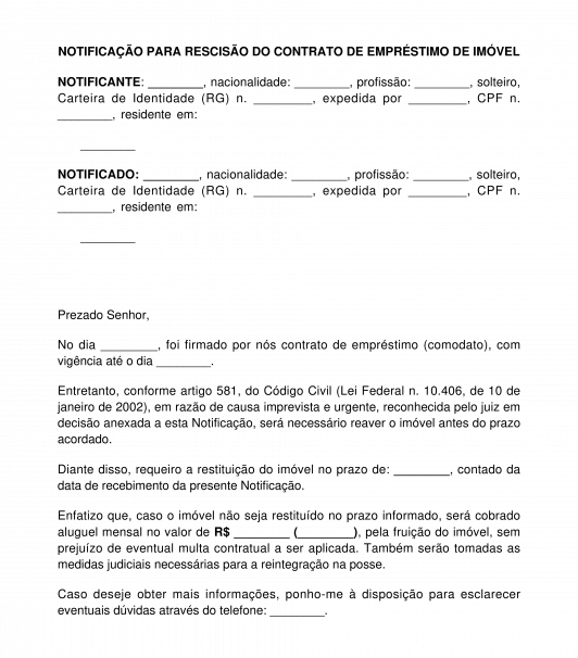 Notificação para rescisão do contrato de empréstimo de imóvel