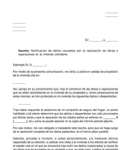 Notificación de daños causados por la realización de obras en la vivienda colindante