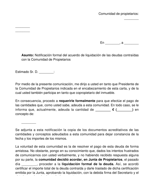 Notificación de deuda a un copropietario por la comunidad de propietarios