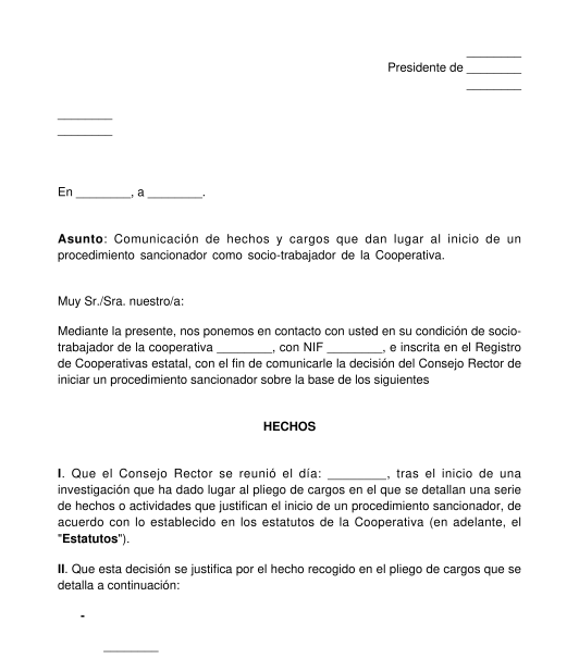 Notificación del pliego de cargos contra el socio de una cooperativa