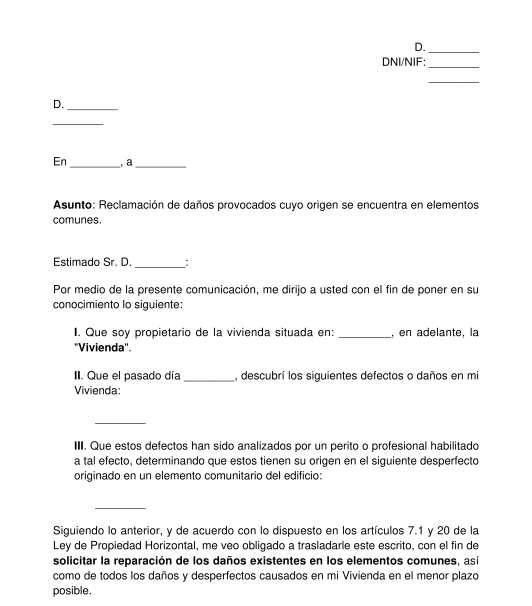 Notificación de la existencia de daños de origen comunitario en un inmueble privativo