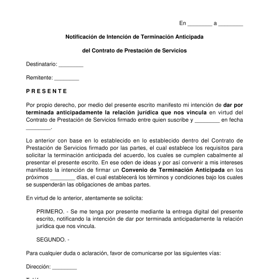 Notificación de Intención de Terminación Anticipada de Contrato