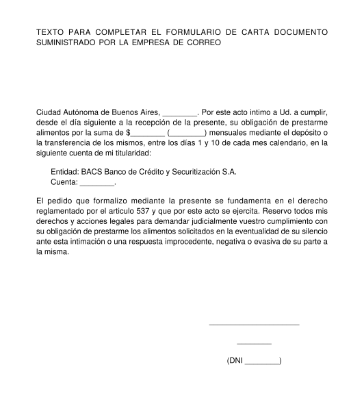 Notificación de Prestación de Alimentos - Modelo