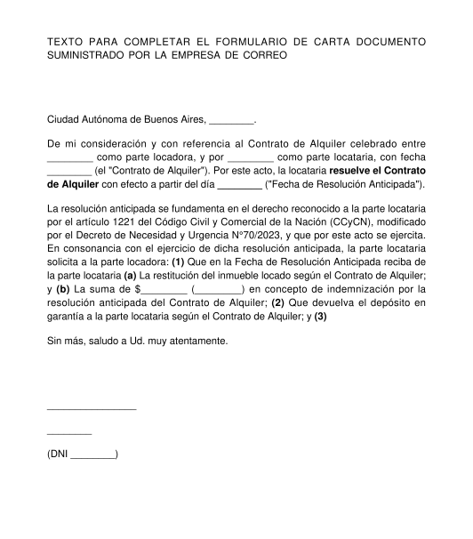 Notificación de Resolución Anticipada de Contrato de Alquiler de Inmueble