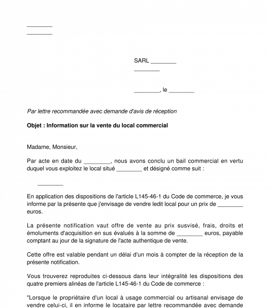 Notification du locataire sur la vente du local commercial