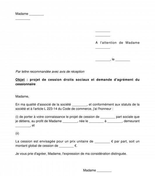 Notification d'un projet de cession de parts sociales ou d'actions