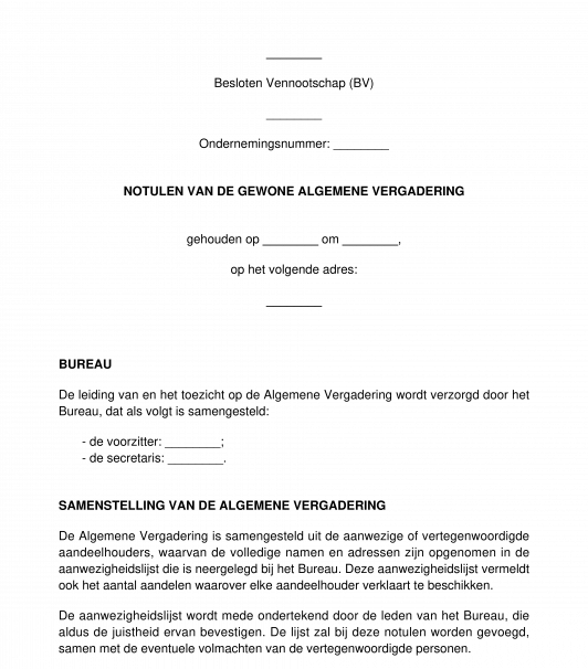 Notulen van een gewone of buitengewone algemene vergadering van een BV, BVBA, NV, CV, CVOA