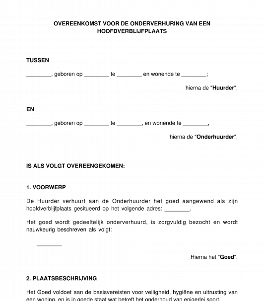 Onderhuurovereenkomst voor een woninghuur