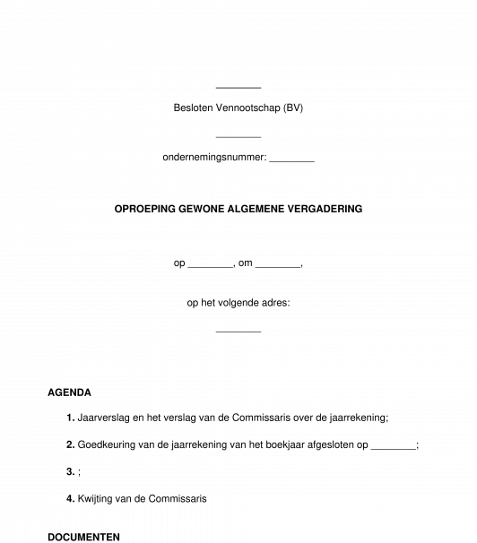 Oproeping voor een algemene vergadering van een BV, BVBA, NV, CV, CVBA
