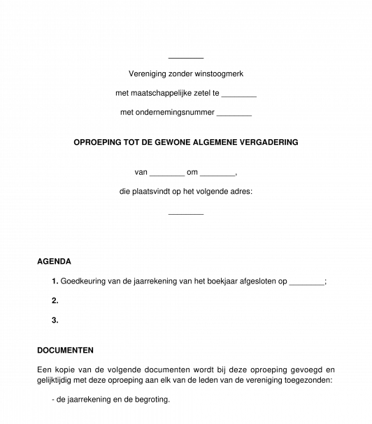 Oproeping voor een algemene vergadering van een vereniging zonder winstoogmerk VZW