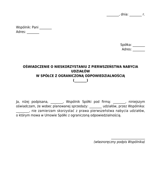 Oświadczenie o nabyciu udziałów w sp. z o.o. w ramach pierwszeństwa