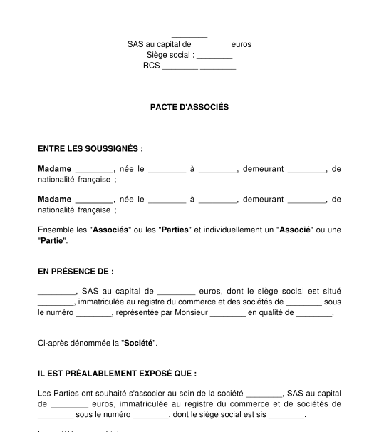 Pacte d'associés / d'actionnaires SAS, SA, SARL