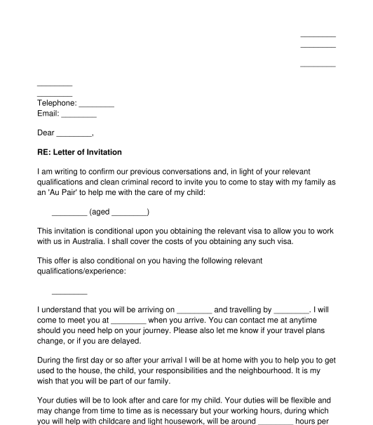 Au Pair Invitation Letter