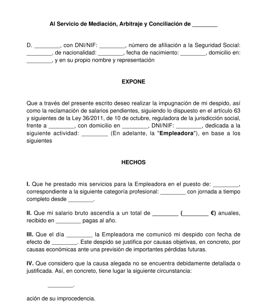 Papeleta de conciliación en reclamación por despido objetivo