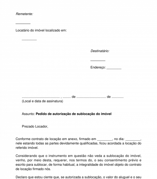 Pedido de autorização para cessão da locação, sublocação ou empréstimo de imóvel