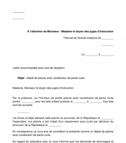 Lettre de plainte avec constitution de partie civile