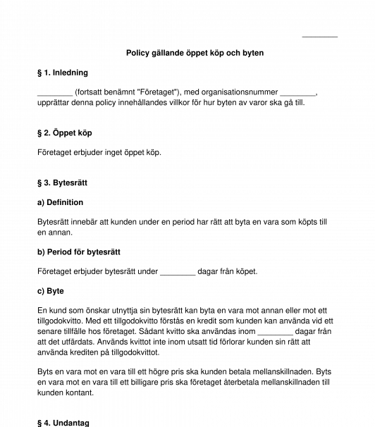 Policy gällande öppet köp och bytesrätt