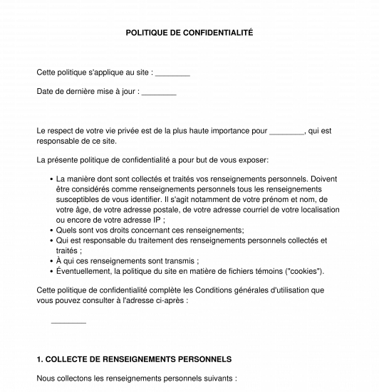 Politique de confidentialité d'un site web