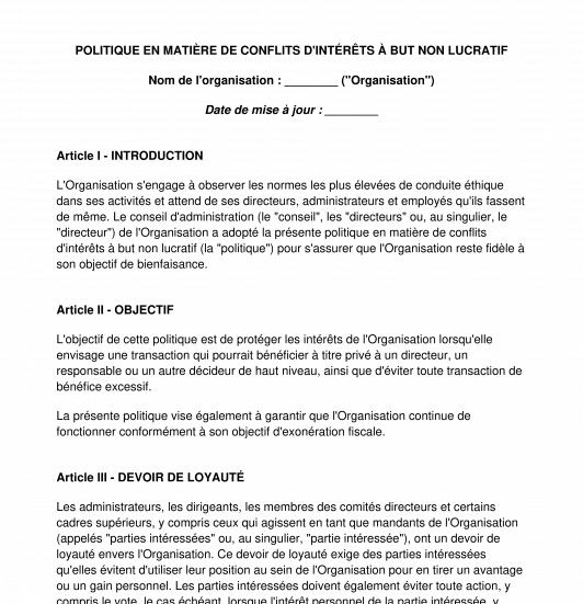 Politique en matière de conflits d'intérêts à but non lucratif