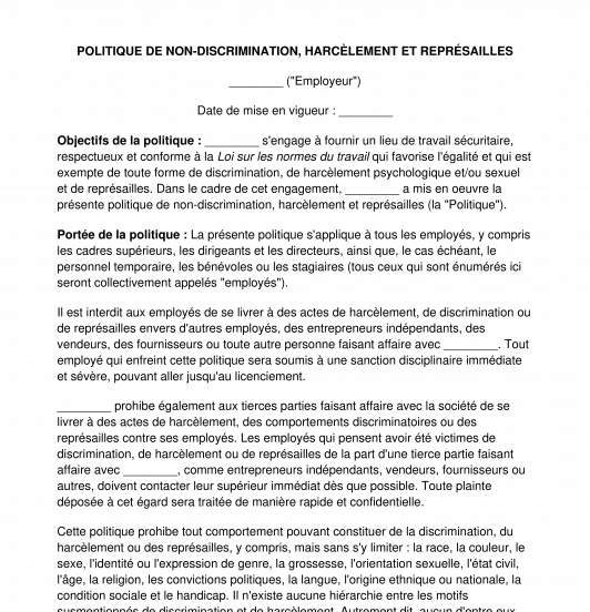 Politique de non-discrimination, harcèlement et représailles
