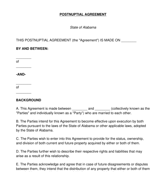 Post Nuptial Contract Template