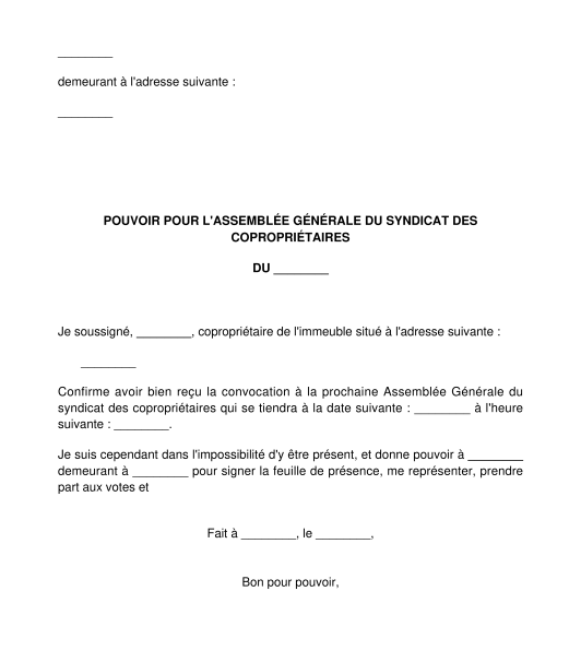 Pouvoir de représentation à une assemblée de copropriétaires