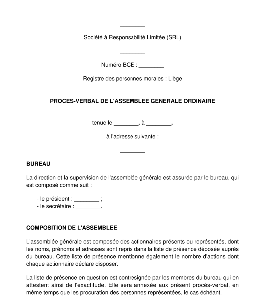 Procès-verbal d'une assemblée générale ordinaire ou extraordinaire d'une SRL, SA, SC, SCA