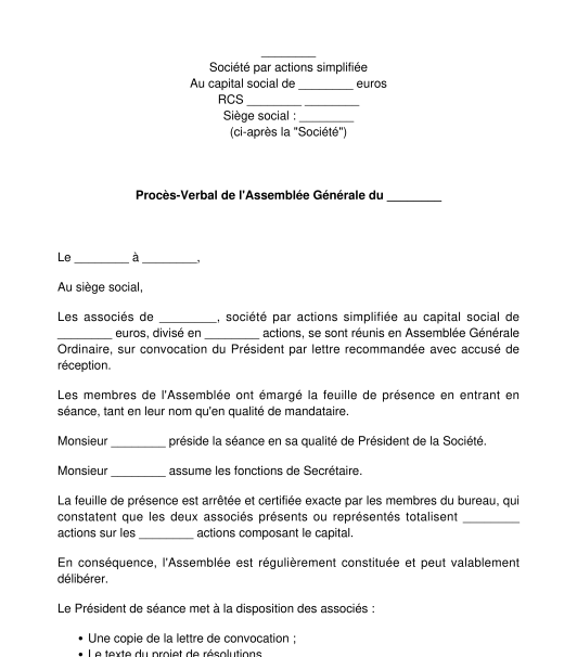 Procès-verbal de non-rémunération du président ou du directeur général SAS, SASU