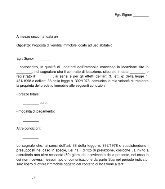 Proposta di acquisto al conduttore per esercizio della prelazione