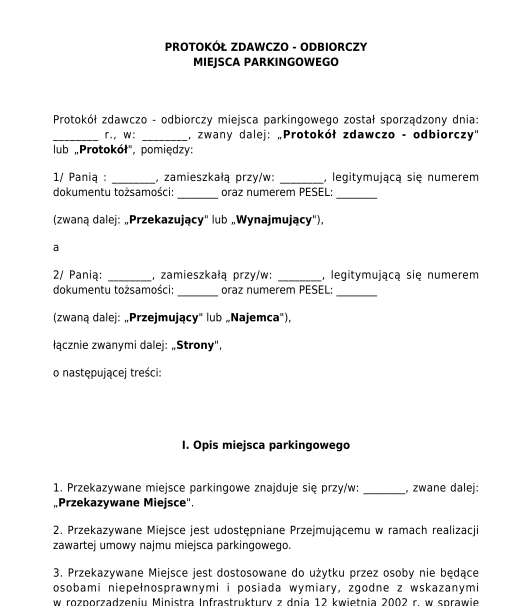 Protokół zdawczo-odbiorczy miejsca parkingowego