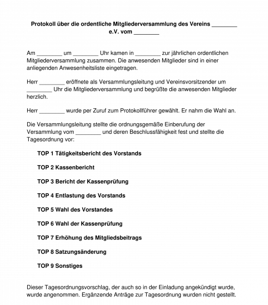 Protokoll einer Mitgliederversammlung eines Vereins