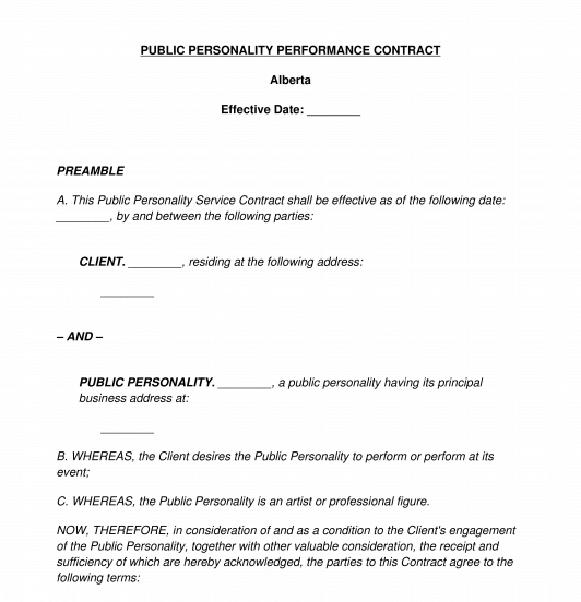 Public Personality Performance Contract