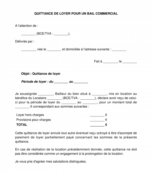 Quittance de loyer pour un bail commercial
