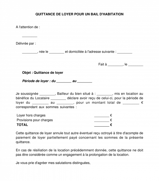 Quittance de loyer pour un bail d'habitation