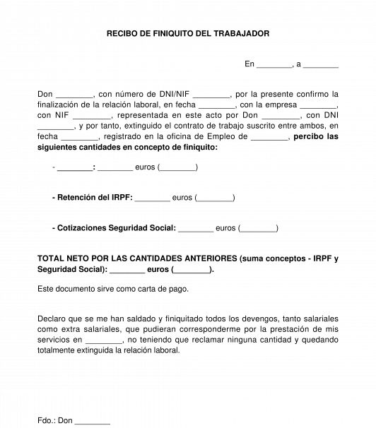 Recibo de Finiquito del Trabajador - Modelo Word y PDF