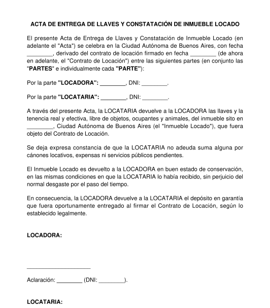 Acta de Entrega de Llaves y Constatación de Inmueble Alquilado