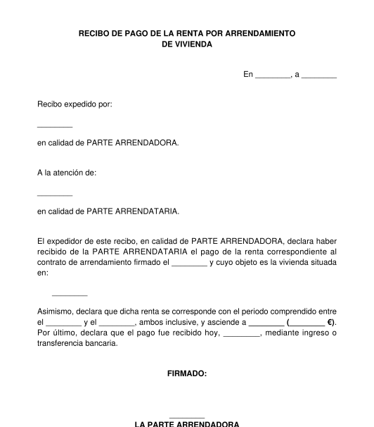 Recibo de pago de la renta de alquiler de vivienda