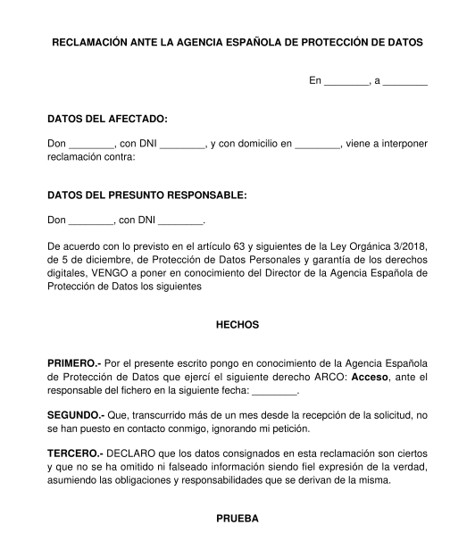 Reclamación ante la AEPD por el incumplimiento de los derechos ARCO