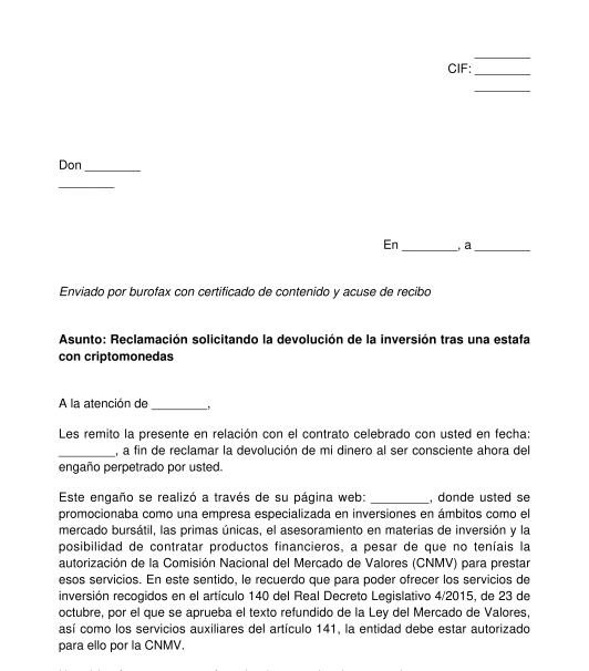 Reclamación por una estafa con criptomonedas