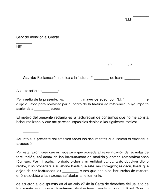 Reclamación sobre una factura telefónica y/o de internet