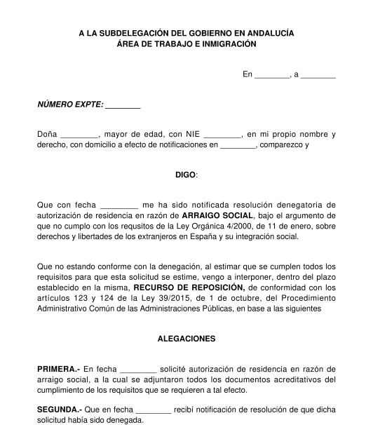 Recurso de reposición contra la denegación de la autorización de residencia por arraigo