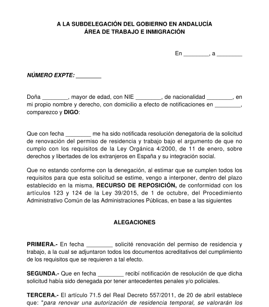 Recurso de reposición contra la denegación de solicitud de renovación del permiso de residencia y trabajo