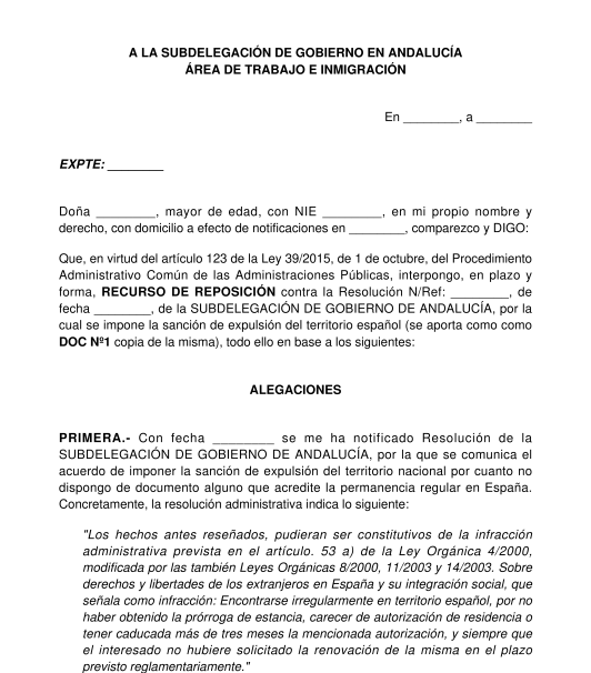 Recurso de reposición contra la sanción de expulsión