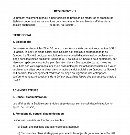 Règlement intérieur de la société par actions