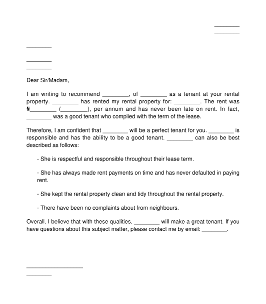 Rental Reference Letter
