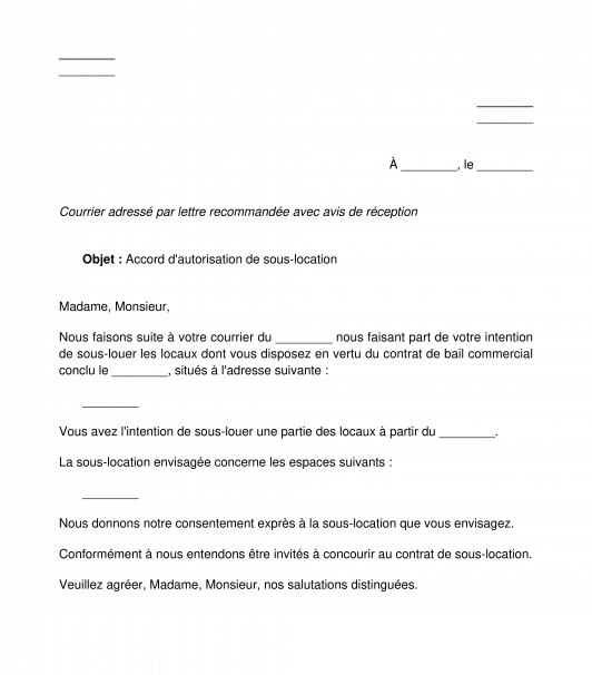 Lettre de réponse du bailleur à une demande de sous-location bail commercial