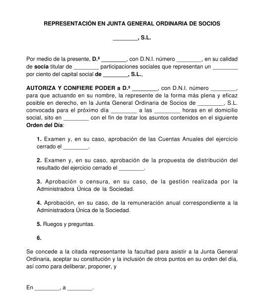 Representación en junta general de socios o accionistas SL o SA