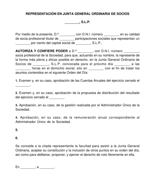 Representación en junta general de socios o accionistas de sociedades limitadas o anónimas profesionales SLP o SAP